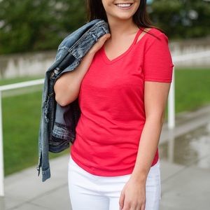 DEX red slub v-neck tee with cutouts at neckline